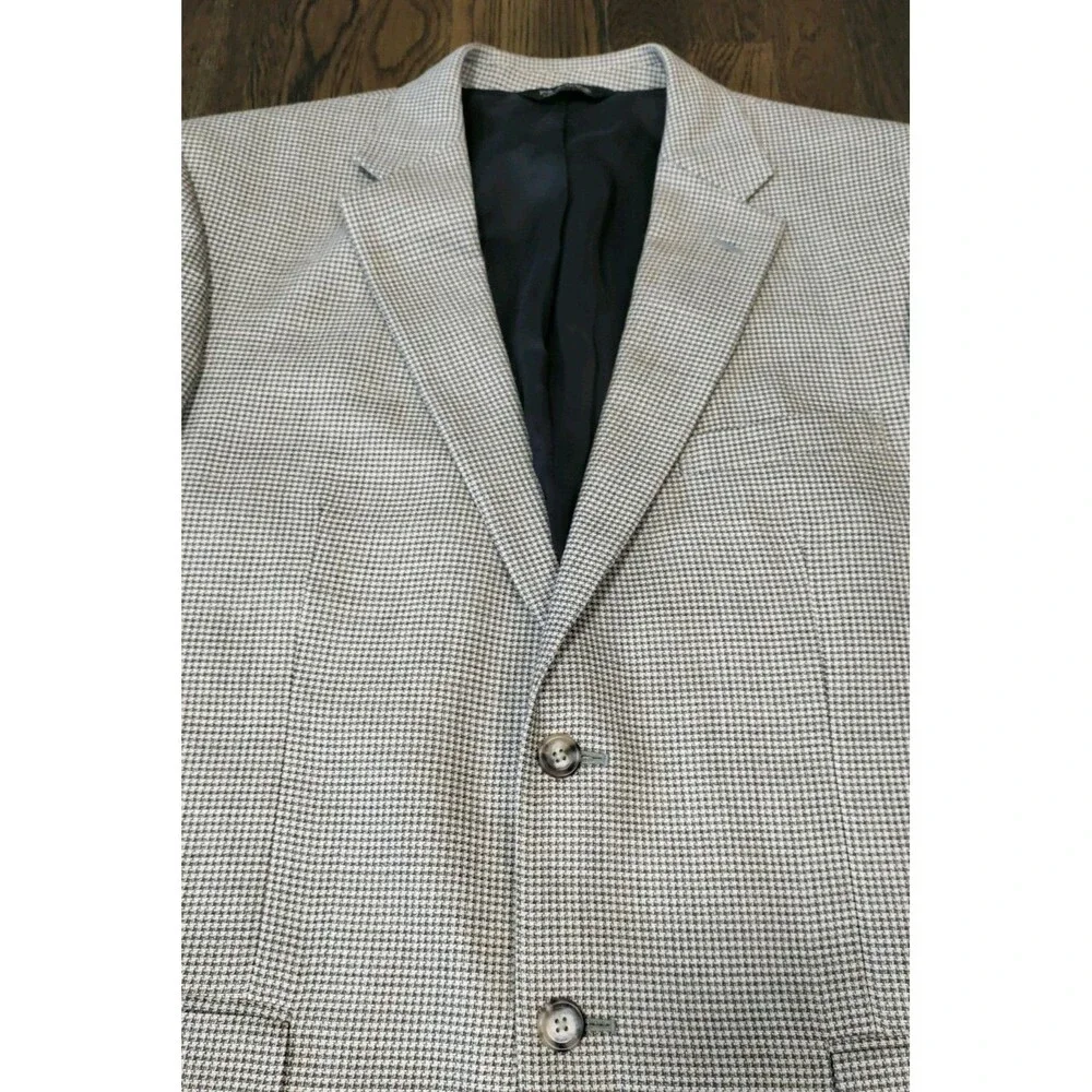Jos. A. Bank Suit Jacket Blazer Mens 44R Beige Brown Houndstooth Silk Wool Blend